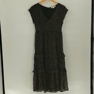 GRADE & GATHER midi dress ruffle satin size small black brown tiered floral